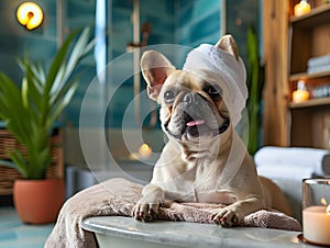 A relaxed French Bulldog with a towel head wrap exudes spa day bliss, amidst a serene bathroom setting