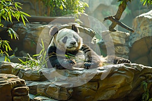 Relaxed Giant Panda Resting on a Rock Surrounded by Lush Bamboo Forest in Misty Natural Habitat