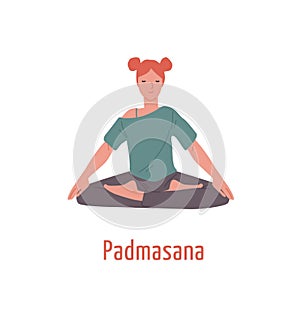 Relaxed girl with closed eyes sitting in padmasana position vector flat illustration. Meditation yogi woman in Lotus