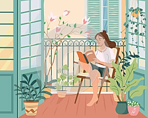 Relaxed girl comfortable sitting on home balcony garden with potted green plants. Personal space concept. Selftime