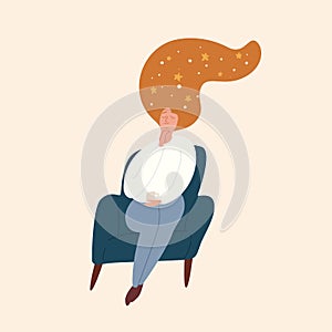 Relaxed girl with starry sky in red hair sitting with closed eyes vector flat illustration. Dreaming domestic woman