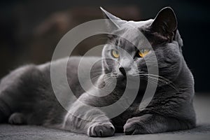 A relaxed gray cat exuding tranquility with amber gaze, surrounded by peaceful silence