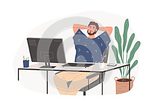 Relaxed guy sitting on chair feeling satisfied from work productivity vector flat illustration. Freelancer male resting