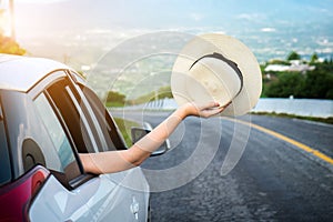 Relaxed happy traveler, Young beatiful asian gilr holding hat we