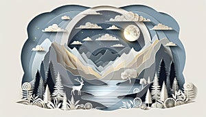 Relaxed layered paper art style landscape with mountains.