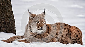 Relaxed lying Lynx on the white background on snow