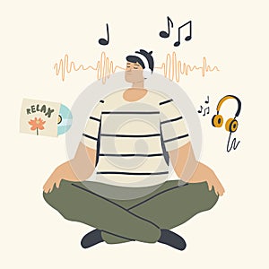 Relaxed Male Character Meditating in Headphones Listening Relaxing Music. Man Do Yoga in Lotus Pose. Healthy Lifestyle