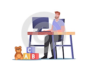 Relaxed Man Working on Computer Sitting at Home Desk Workplace with Kids Toys on Floor. Freelancer Character, Freelance