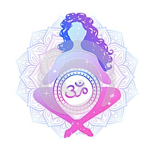 Relaxed meditating yogi woman on sacred lotus background. Vector illustration