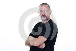 Relaxed middle-aged man arms crossed folded on white background and copy space