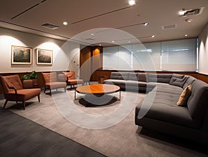 Relaxed office lounge with comfy seating for meetings