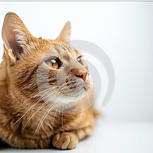 Relaxed orange cat lounging with a contemplative gaze, white background