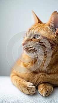 Relaxed orange cat lounging with a contemplative gaze, white background