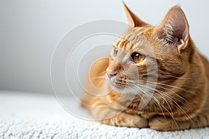 Relaxed orange cat lounging with a contemplative gaze, white background