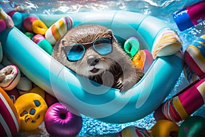 Relaxed otter chilling on a pool float with inflatable pool toys. Generative AI