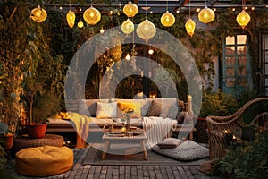 Relaxed Outdoor Patio With Bohoinspired Rattan Furniture And String Lights Bohemian Interior Design. Generative AI photo