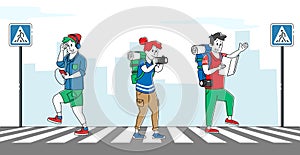 Relaxed Pedestrian Characters Crossing Road with Zebra and Traffic Lights. Hipster Listen Music by Smartphone Walking