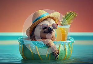 A relaxed sloth wearing a summer hat and sunglasses