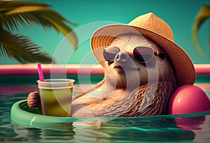 A relaxed sloth wearing a summer hat and sunglasses