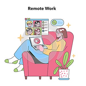A relaxed telecommuter participates in a virtual team meeting photo