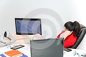 Relaxed and winning business woman sitting with her legs on desk