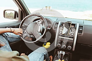 relaxed woman in car. road trip. summer time