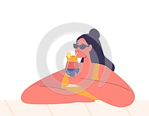 Relaxed Woman Sips Cocktail In Pool, Embracing Tranquility And Enjoying Refreshing Water. Young Female Character