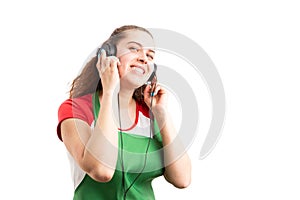 Relaxed woman supermarket or retail employee listening to music