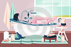 Relaxed woman takes a bath with foam. Vector flat cartoon illustration. Bathing time and home beauty and care concept