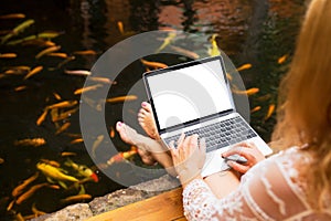 Relaxed woman using laptop computer next to colorful fish in pool