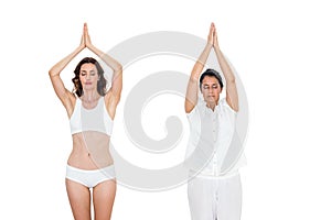 Relaxed women raising arms
