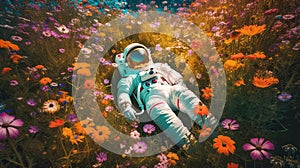 Relaxing astronaut laying in meadow of blooming flowers.