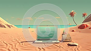 Relaxing beach scene with laptop on the sand. Retro styled vacation or remote work concept.