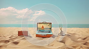 Relaxing beach scene with laptop on the sand. Retro styled vacation or remote work concept.