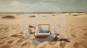 Relaxing beach scene with laptop on the sand. Retro styled vacation or remote work concept.