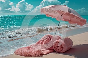 Relaxing Beach Scene with Pink Towels and Umbrella on Pristine White Sand Overlooking Turquoise Ocean Waters, Tropical Holiday