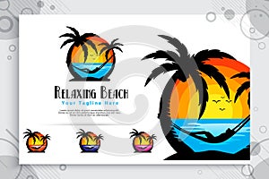 Relaxing beach vector logo with silhouette illustration relaxing people , sunset and coconut tree can use for icon digital