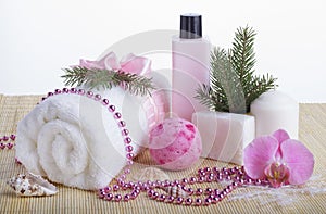 Relaxing beauty set with luxurious towel, soap and shower gel