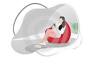 Relaxing and break time concept. Woman sitting at sofa and hand holding smartphone. Vector illustration in flat design