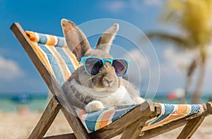 Relaxing bunny with sunglasses in a sun lounger on the beach