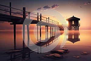 Relaxing, Calm Sea at a Zen Pier With a House at the End, With Reflection in the Sunset - Generative AI