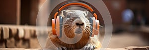 Relaxing capybara enjoys listening to music on headphones with copy space for text, banner design