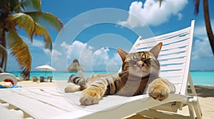 Relaxing Cat Sunbathing on Seaside Beach AI Generated