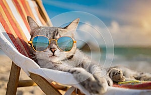 Relaxing cat with sunglasses in a sun lounger on the beach