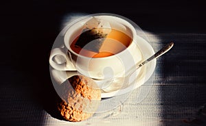 Relaxing chamomile tea. Cup mug hot tea and oat cookie. Quick snack concept. Mug filled tea close up. Herbal green or