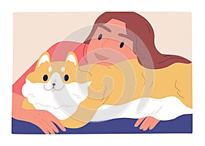 Relaxing cheerful young woman with fluffy fat cat. Scene of tenderness and love between human and domestic animal