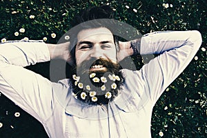 Relaxing concept. Hipster on happy face lays on grass, top view. Man with beard and mustache enjoys spring, green meadow