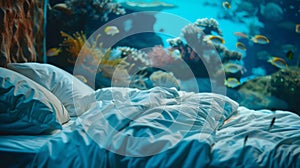 Relaxing in a cozy bed while surrounded by the serene blue world of the ocean with only the gentle hum of marine life to