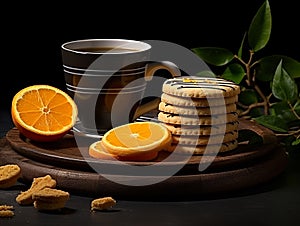 relaxing cup of evening tea with biscuits. copy space