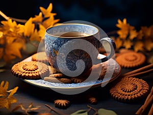 relaxing cup of evening tea with biscuits. copy space